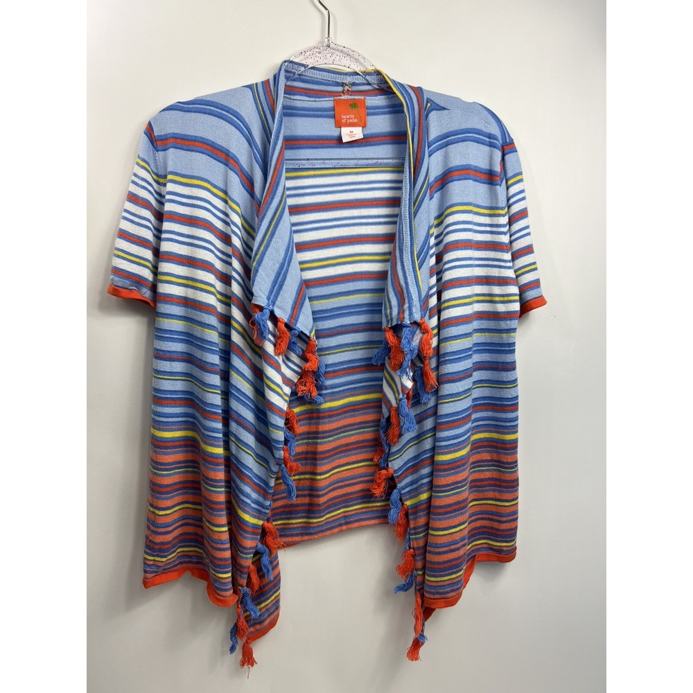 Heart of Palm Cardigan Sweater Women's Size M Blue Multi Stripe‎ Tasseled Front